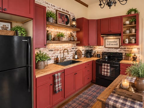 Cozy farmhouse kitchen with red cabinets, brick accents, and warm charm