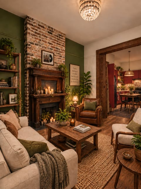 Cozy brick fireplace lounge with warm lighting and elegant rustic charm