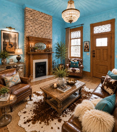 Stylish rustic living room with chandelier, fireplace, and leather seating