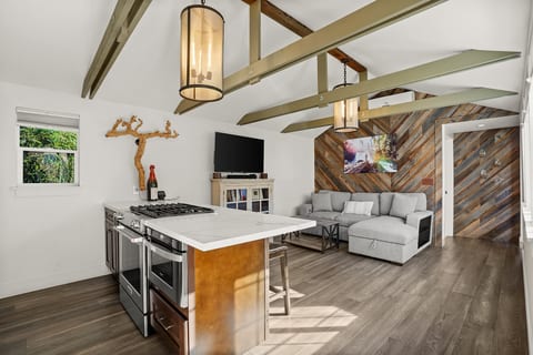 Fully stocked kitchen, smart tv and living room with sleeper couch