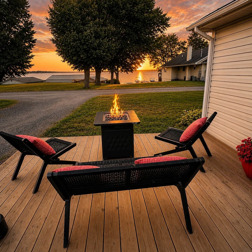 Front porch with fire table, sunset views & Sandy Pond access.