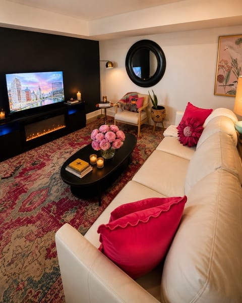 Electric fireplace glow meets smart TV streaming- sink into this moody, stylish living room with Persian rug, plush sectional, and bold maximalist design.