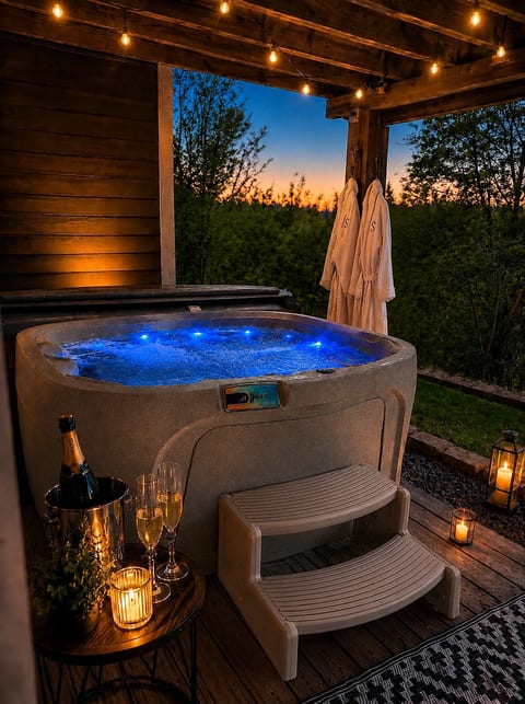 Pop the champagne, slip on a robe, and sink in. Your private hot tub glows all night.