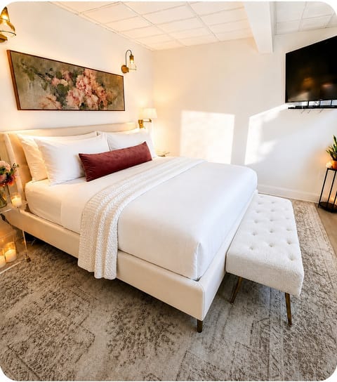 Sink into a plush king bed dressed in 100% cotton linens — your private sanctuary complete with smart TV, blackout shades, and spa robes.