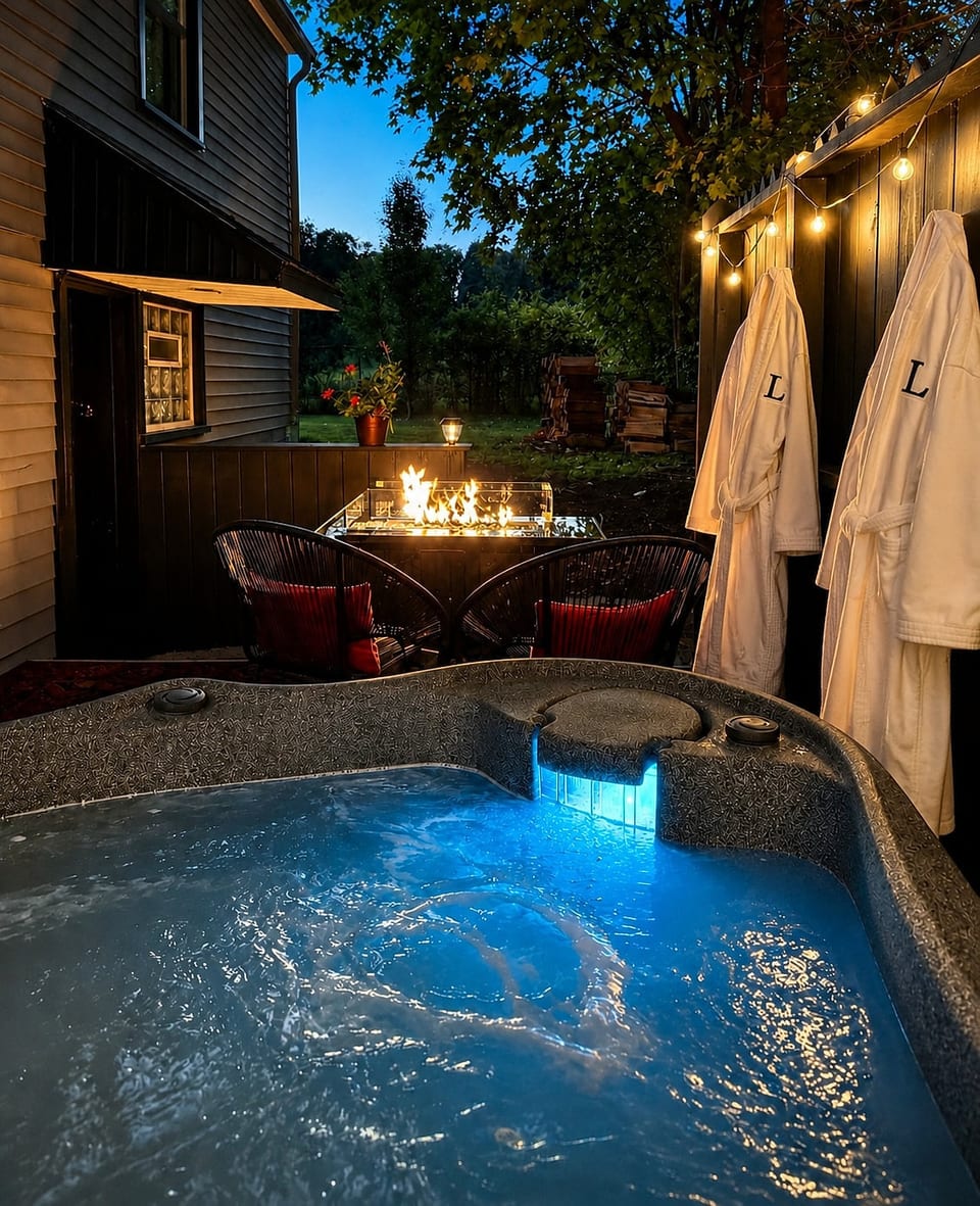 Step in and let go — private hot tub with LED lighting, fire table & robes waiting poolside