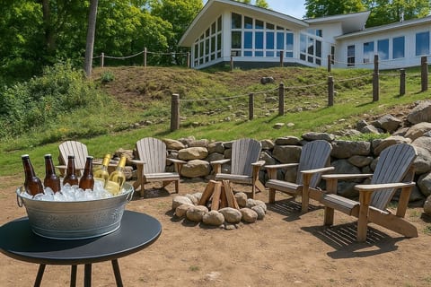 On a summer day, the firepit area is perfect for entertaining, games and planning the days to come.