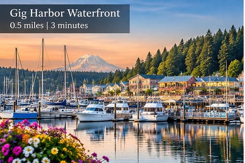 Scenic Gig Harbor waterfront just 3 minutes away with marina and mountain views