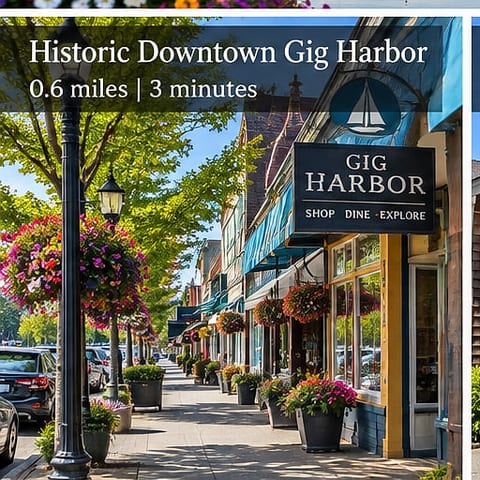 Charming downtown Gig Harbor shops, dining, and strolls just 3 minutes away