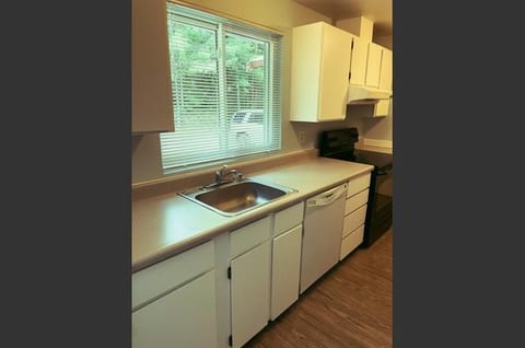 Bright kitchen with large window, ample counters, and full cooking essentials