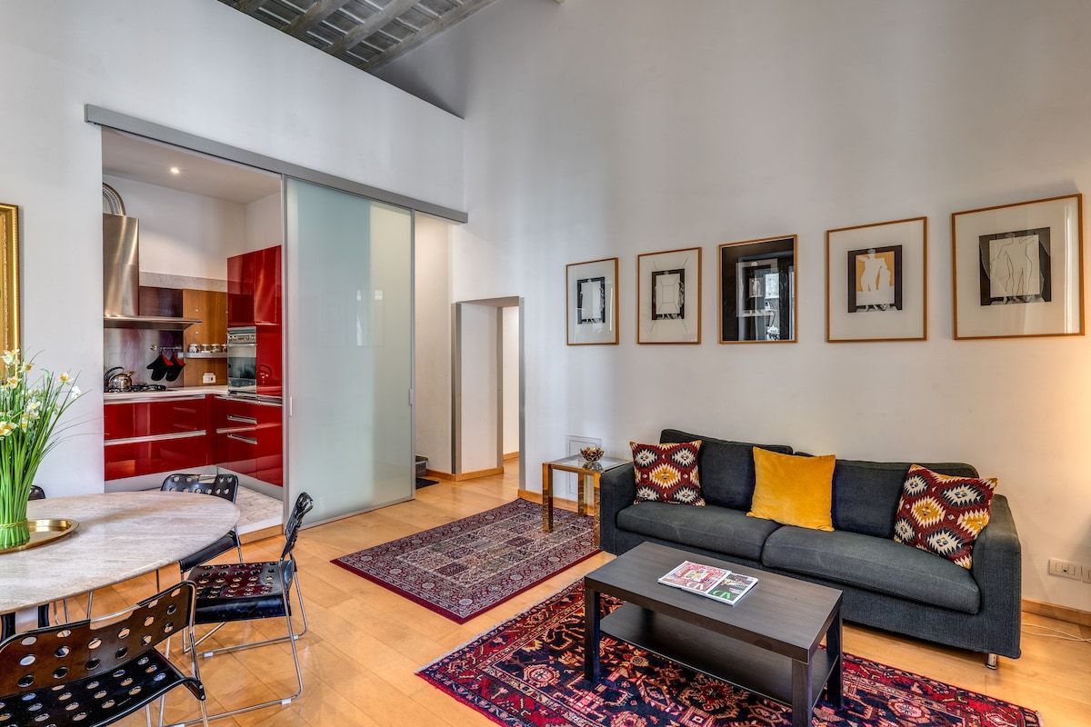 The living room near the kitchen