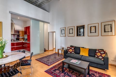 The living room near the kitchen