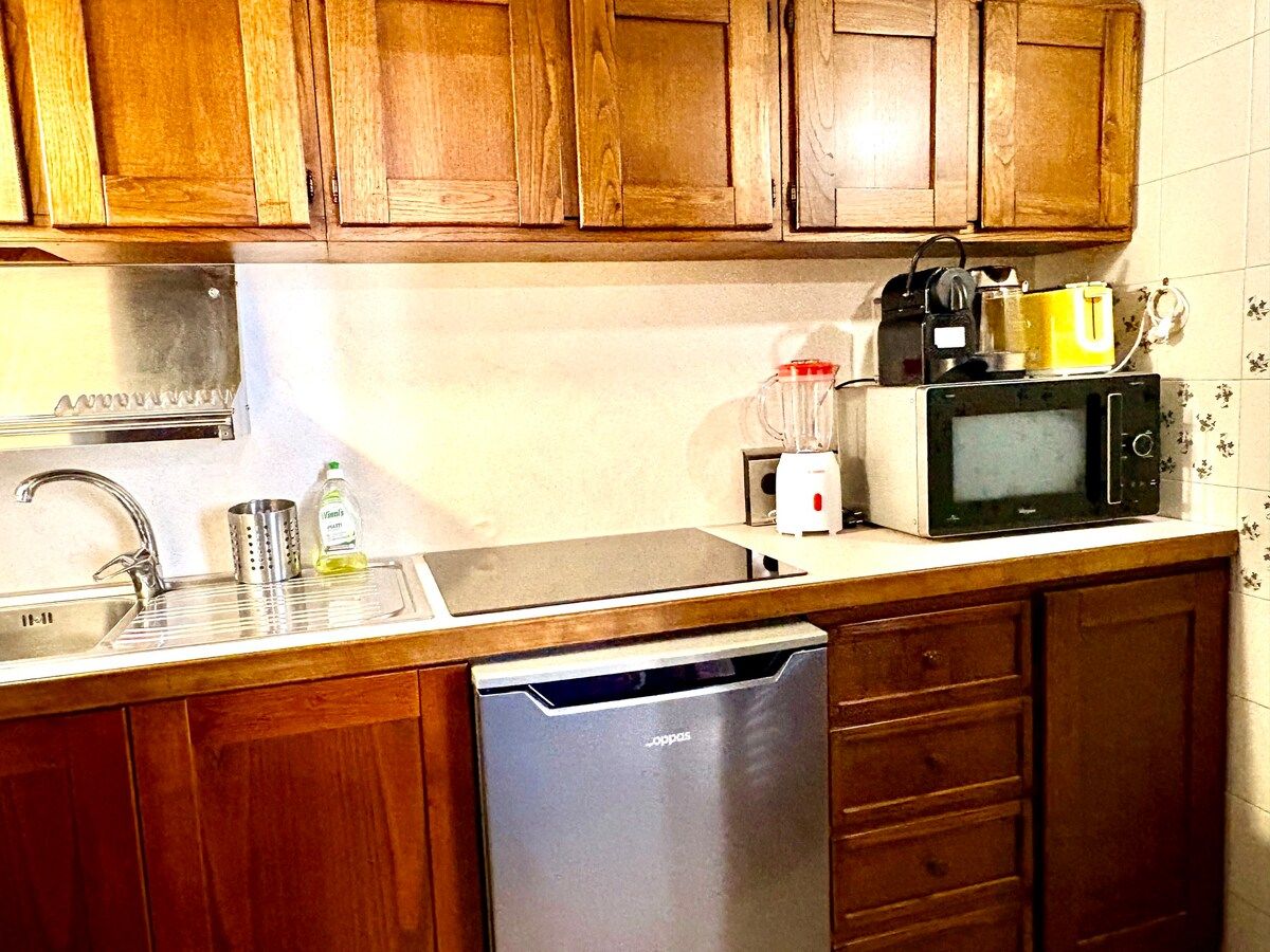 Fully equipped kitchen with refrigerator, induction stove, coffee machine, blender, toaster, etc.