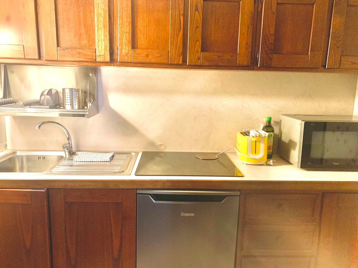 Fully equipped kitchen with refrigerator, induction stove, coffee machine, blender, toaster, etc.