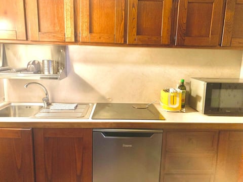 Fully equipped kitchen with refrigerator, induction stove, coffee machine, blender, toaster, etc.