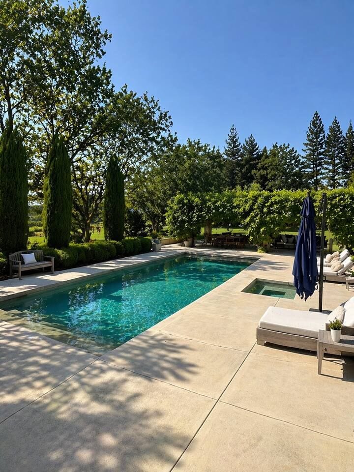 Beautiful outdoor pool and hot tub surrounded by mature trees and lush landscaping. The pool is not heated, while the hot tub provides a relaxing place to unwind after a day exploring Napa Valley.
