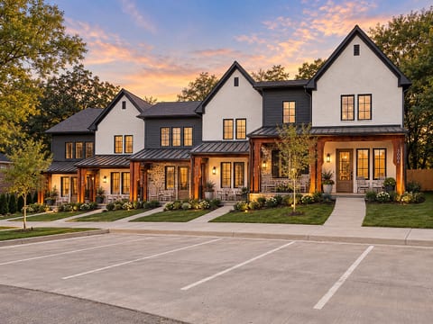 Charming modern townhomes with warm lighting and inviting curb appeal