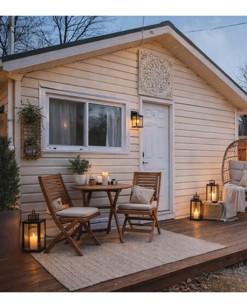 Cozy private deck with charming cottage details.