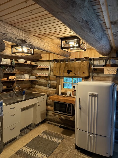 Cozy log cabin kitchen with vintage fridge and warm rustic charm