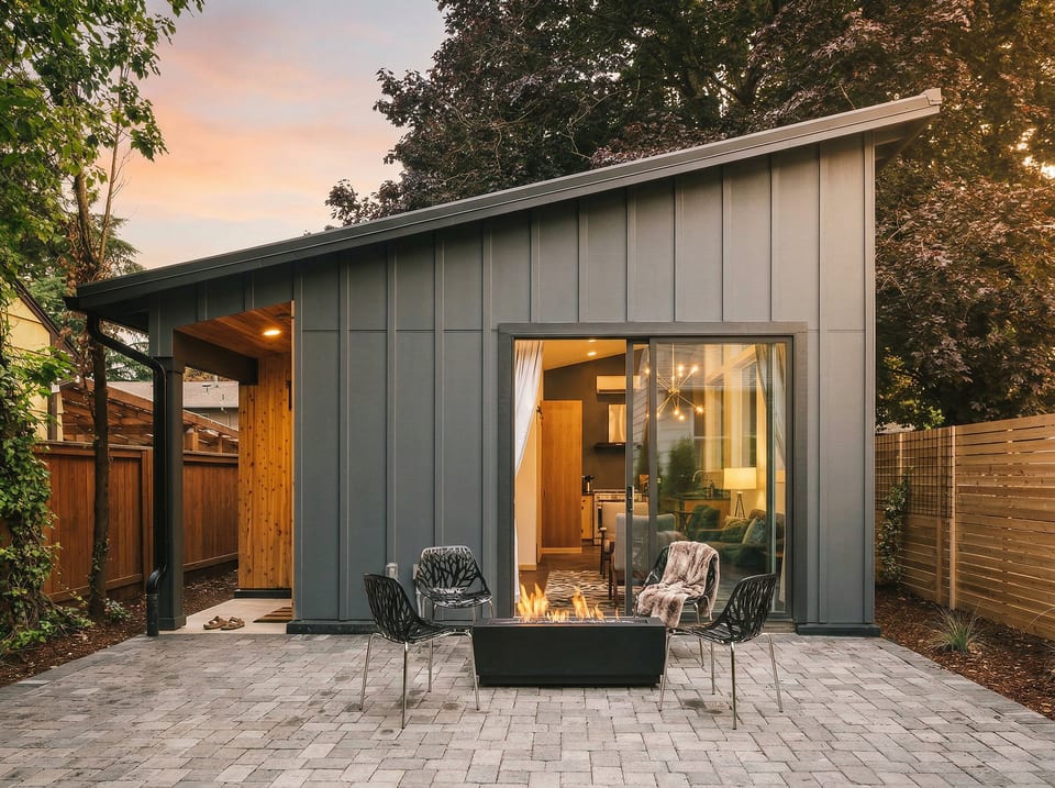 Dwell is a beautiful modern guest house with a fenced yard and patio with fire pit.