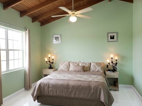 Serene Queen bedroom with vaulted wood ceilings and Hint-O-Mint walls