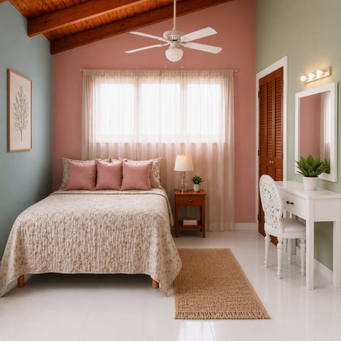Comfortable guest bedroom witg warn ambient lighting