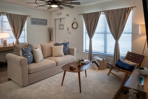 2BR – Deep, comfy sofas (one a sleeper for guests five and six) under the ceiling fan