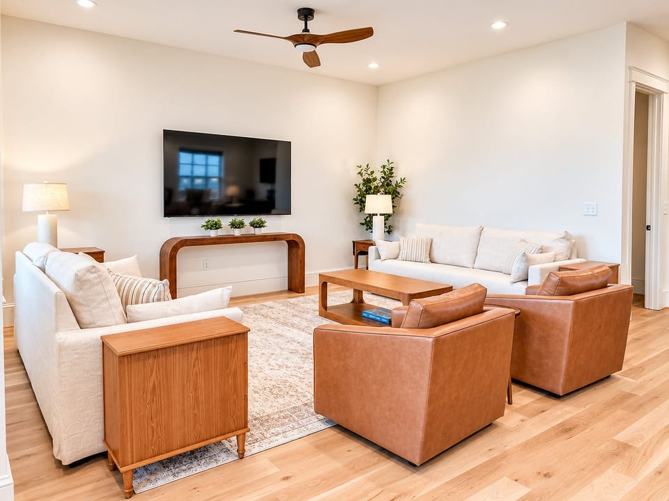 Bright modern living room with large TV and stylish seating