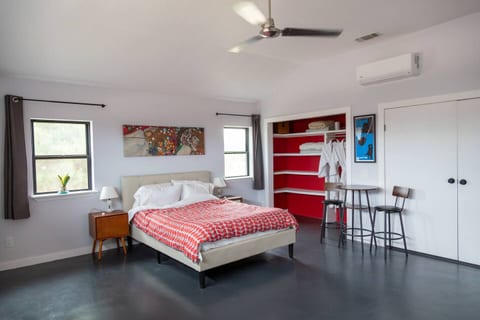 The master bed is queen-sized and very comfortable. The closet is appointed with two robes, a humidifier and air purifier. Each nightstand is powered, allowing you to plug in devices without needing to hunt for a wall plug.