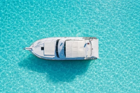 Overhead view of the yacht. On the bow you can see the huge sun pad with room for all. Its also a great place to hang at night as guest have described enjoying stargazing while laying on this pad.