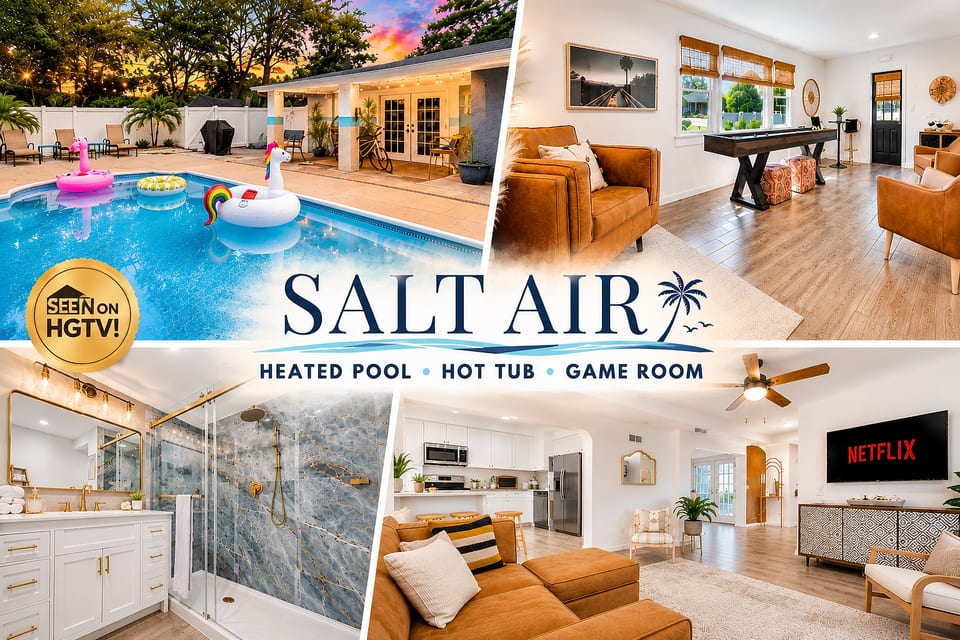 Stylish retreat with heated pool, hot tub, game room, and bright modern interiors