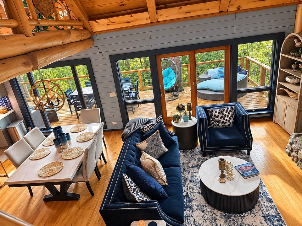 Main floor living room and dining room of the cabin.