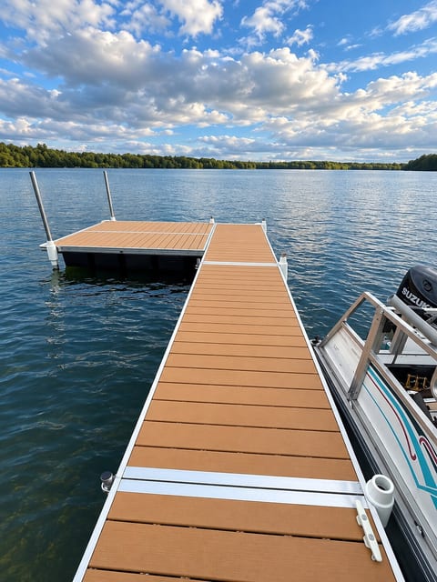 Dock pictured with a rental pontoon.