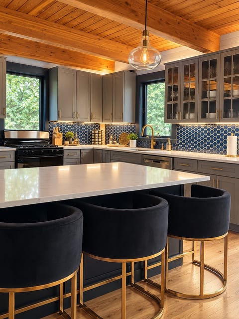 Kitchen close up. Gas range, cookware, bakeware, gourmet knives and dishes and glassware for days.