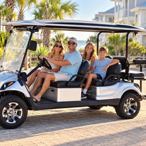 AI-created family lifestyle illustration. FREE 6-seat golf cart included with your stay. See property photos for the actual cart and home.