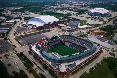 Aerial view of Globe Life Field (top left), AT&T Stadium (top right) and Globe Life Park (bottom)(Less than 1 mile away)