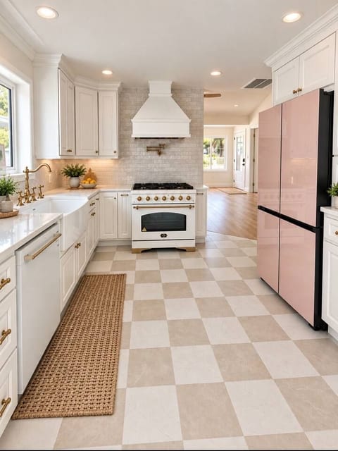 Bright designer kitchen with farmhouse sink, chic pink fridge, and a gas stove.