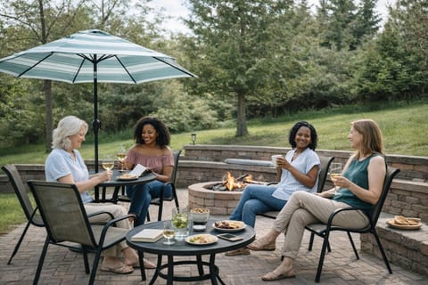 Spacious backyard with outdoor dining and comfortable seating