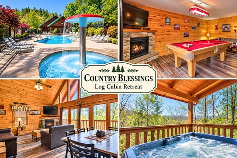 Log cabin retreat with pool, hot tub, game room, and scenic wooded views