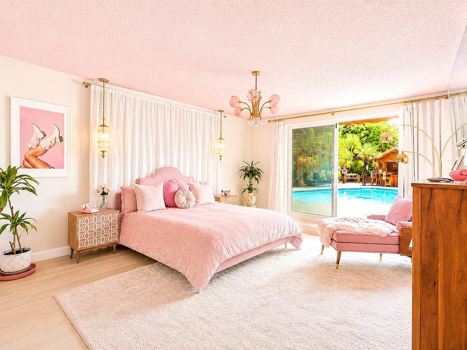 Pink dreams in the King Suite w/ TV pool view & lux retro bathroom