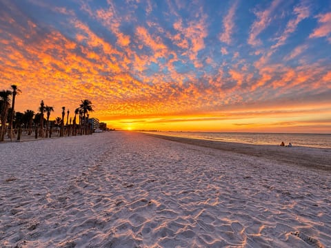 Stunning beachfront sunset with wide sandy shores and serene ocean views