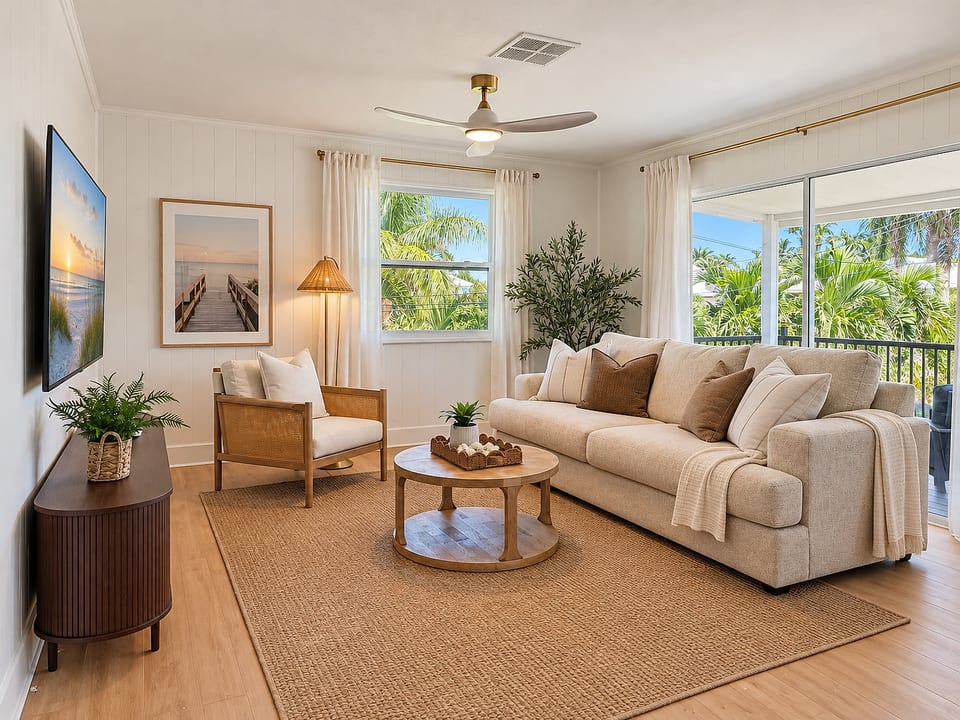 Bright coastal living room with tropical views and balcony access