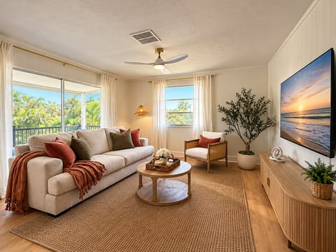 Bright tropical living room with large TV and serene balcony views