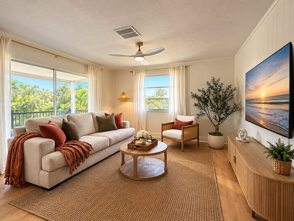 Bright tropical living room with large TV and serene balcony views
