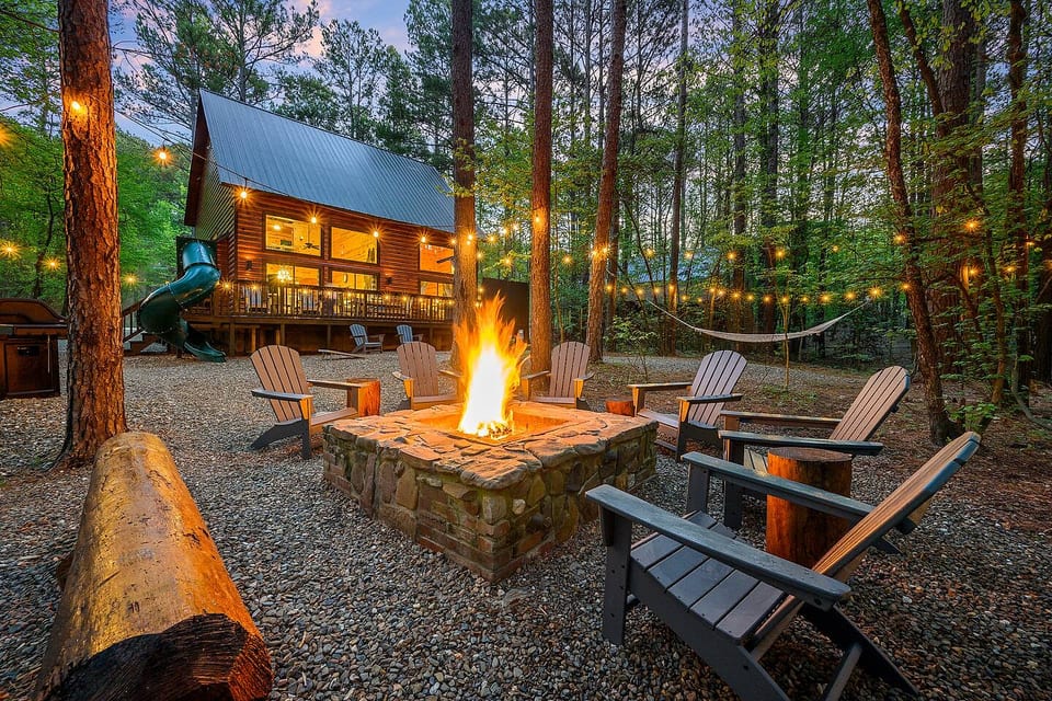 Backyard firepit, deck with slide and hammock