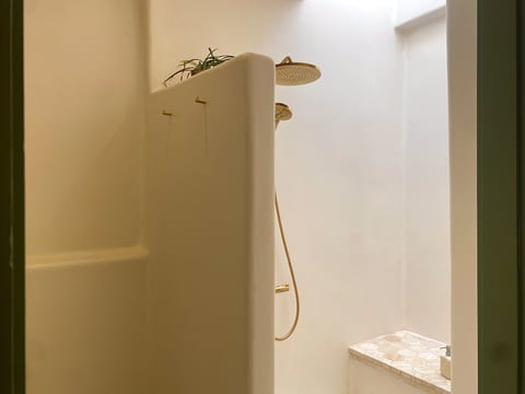 Bright spa-style walk-in shower with elegant brass fixtures