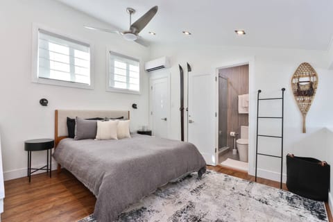Loft bedroom Retreat to the private loft bedroom featuring a comfortable bed, vaulted ceilings, and a dedicated mini-split AC for customized comfort. Includes a sleek en-suite bathroom with a glass shower. Perfect for unwinding after Camelback skiing