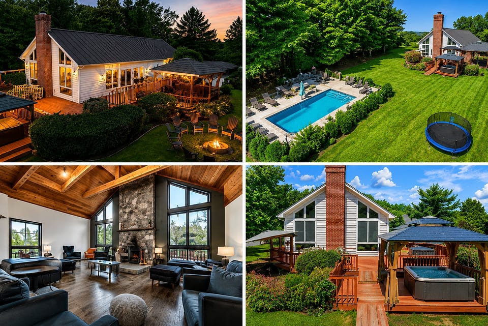 Chalet retreat with pool, hot tub, fire pit, and stunning great room