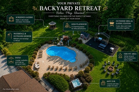 Private backyard retreat with pool, hot tub, fire pit & outdoor dining