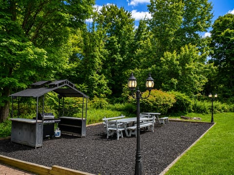 Private backyard BBQ area with picnic seating and serene wooded views