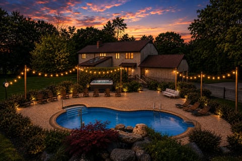 Resort-style pool, hot tub, and sunset ambiance in a private backyard